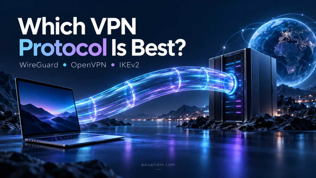 VPN protocol guide illustration with a laptop, glowing tunnel, and server.